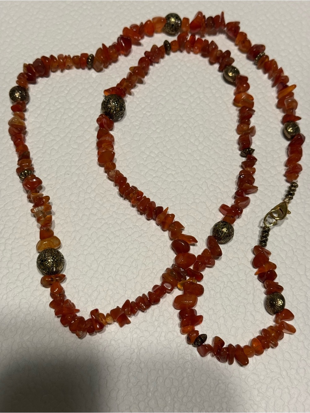 Carnelian Chip Bead Necklace with Gold tone Accent Beads - Orange